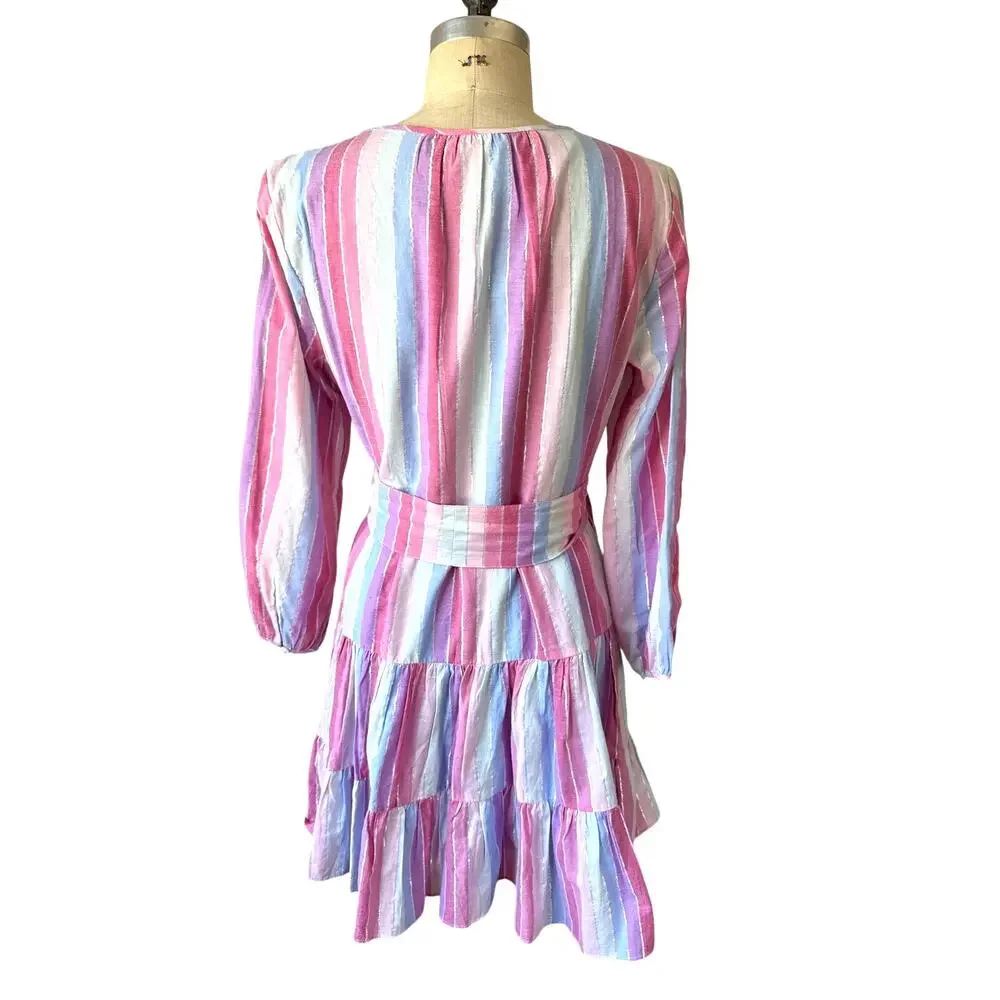 J. Crew Pastel Pink Metallic Thread Cotton Belted Button-Up Dress Size Medium